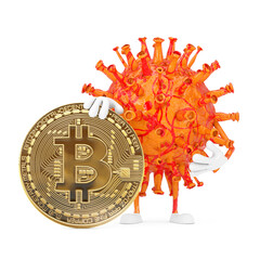 Aufkleber - Cartoon Coronavirus COVID-19 Virus Mascot Person Character with Digital and Cryptocurrency Golden Bitcoin Coin. 3d Rendering