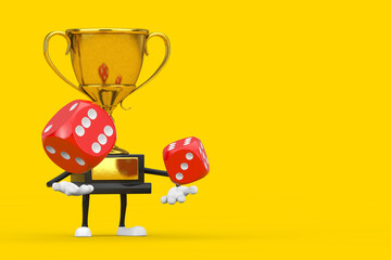 Poster - Golden Award Winner Trophy Mascot Person Character and Empty White Blank Banner with Red Game Dice Cubes in Flight. 3d Rendering