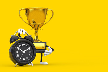 Poster - Golden Award Winner Trophy Mascot Person Character with Alarm Clock. 3d Rendering
