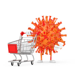 Poster - Cartoon Coronavirus COVID-19 Virus Mascot Person Character with Shopping Cart Trolley. 3d Rendering