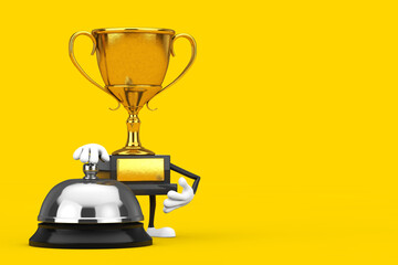 Poster - Golden Award Winner Trophy Mascot Person Character with Hotel Service Bell. 3d Rendering