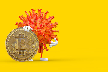 Poster - Cartoon Coronavirus COVID-19 Virus Mascot Person Character with Digital and Cryptocurrency Golden Bitcoin Coin. 3d Rendering
