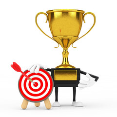 Aufkleber - Golden Award Winner Trophy Mascot Person Character with Archery Target and Dart in Center. 3d Rendering