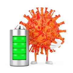 Aufkleber - Cartoon Coronavirus COVID-19 Virus Mascot Person Character with Abstract Charging Battery. 3d Rendering