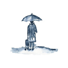 Watercolor Free Sketch Style Illustration Of A Man With An Umbrella And A Suitcase On White Isolated Background. Monochrome Painting, Indigo Color. For Cards And Stickers; Blue And Romantic.