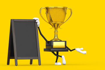 Wall Mural - Golden Award Winner Trophy Mascot Person Character with Blank Wooden Menu Blackboards Outdoor Display. 3d Rendering