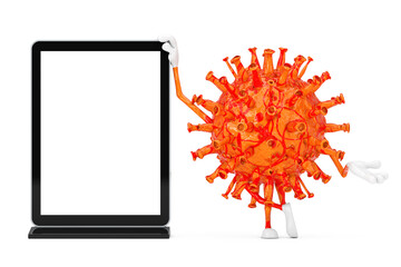 Poster - Cartoon Coronavirus COVID-19 Virus Mascot Person Character with Blank Trade Show LCD Screen Display Stand as Template for Your Design. 3d Rendering