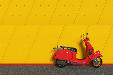 Poster - Red Classic Vintage Retro or Electric Scooter in front of Industrial Building Outside Panels Yellow Concrete Wall. 3d Rendering