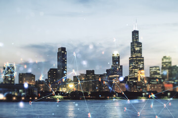 Poster - Abstract virtual wireless technology hologram on Chicago skyline background. Big data and database concept. Multiexposure