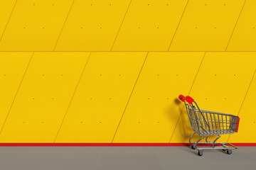 Poster - Shopping Cart Trolley in front of Industrial Building Outside Panels Yellow Wall. 3d Rendering