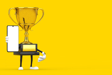 Aufkleber - Golden Award Winner Trophy Mascot Person Character with Modern Mobile Phone and Blank Screen for Your Design. 3d Rendering