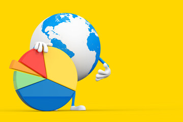 Aufkleber - Earth Globe Character Mascot with Info Graphics Business Pie Chart. 3d Rendering