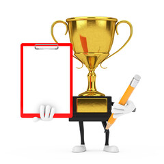 Aufkleber - Golden Award Winner Trophy Mascot Person Character with Red Plastic Clipboard, Paper and Pencil. 3d Rendering
