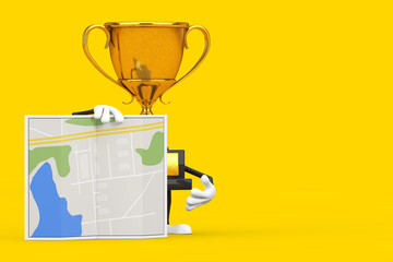 Poster - Golden Award Winner Trophy Mascot Person Character with Abstract City Plan Map. 3d Rendering