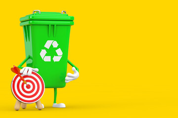 Poster - Recycle Sign Green Garbage Trash Bin Character Mascot with Archery Target with Dart in Center. 3d Rendering
