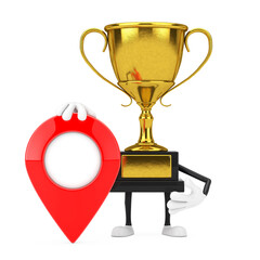 Leinwandbilder - Golden Award Winner Trophy Mascot Person Character with Red Target Map Pointer Pin. 3d Rendering