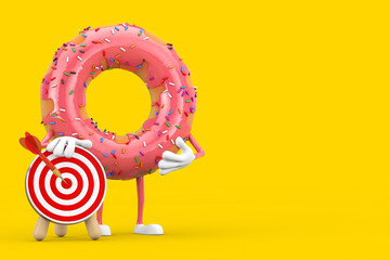 Poster - Big Strawberry Pink Glazed Donut Character Mascot with Archery Target with Dart in Center. 3d Rendering