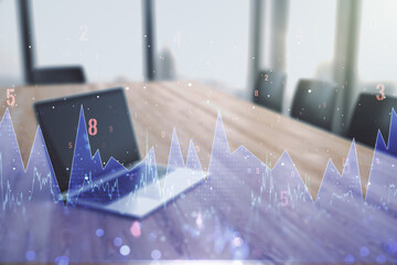 Poster - Multi exposure of stats data illustration on modern laptop background, computing and analytics concept