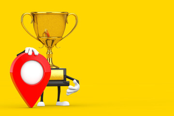 Leinwandbilder - Golden Award Winner Trophy Mascot Person Character with Red Target Map Pointer Pin. 3d Rendering