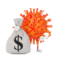Poster - Cartoon Coronavirus COVID-19 Virus Mascot Person Character with Tied Rustic Canvas Linen Money Sack or Money Bag and Dollar Sign. 3d Rendering