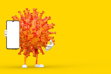 Fototapete - Cartoon Coronavirus COVID-19 Virus Mascot Person Character and Modern Mobile Phone with Blank Screen for Your Design. 3d Rendering
