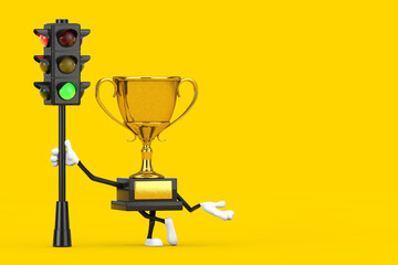 Leinwandbilder - golden award winner trophy mascot person character with traffic green light. 3d rendering