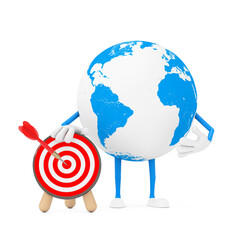 Aufkleber - Earth Globe Character Mascot with Archery Target with Dart in Center. 3d Rendering