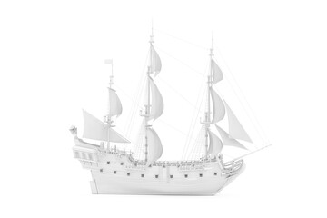 Wall Mural - White Vintage Tall Sailing Ship, Caravel, Pirate Ship or Warship in Clay Render Style. 3d Rendering