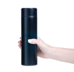 Black thermos hot drink in hand on white background isolation