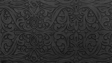 Textured Black Metal Backdrop With Ancient Oriental Floral Wavy Ornament. Background Floral Carved Silver Black, Decorative Asian Religious Chasing Art.