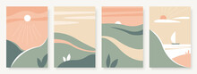 Summer Mountain Abstract Landscape Vector Illustration Set. Scandinavian Minimal Style Landscapes, Road On Green Grass Hills, Trendy Vertical Modern Wall Template Background