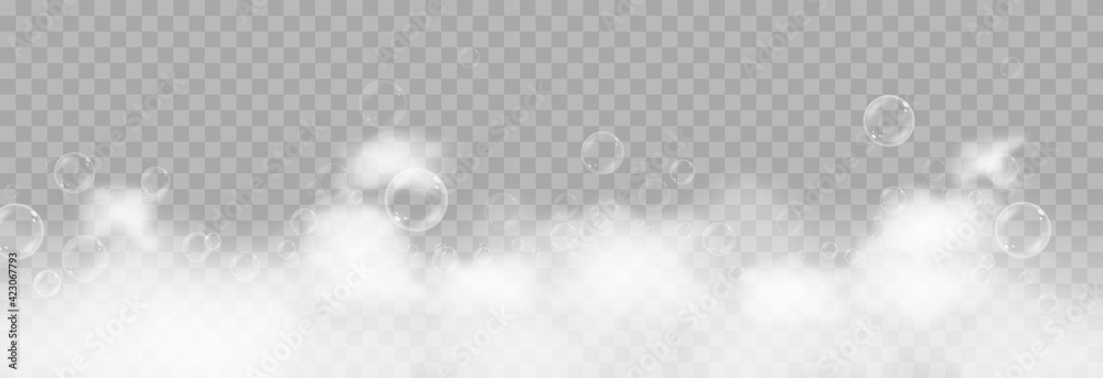Vector foam with bubbles. Soap bubbles png, foam png, soap, shampoo. Bath foam on isolated transparent background. - obrazy, fototapety, plakaty 
