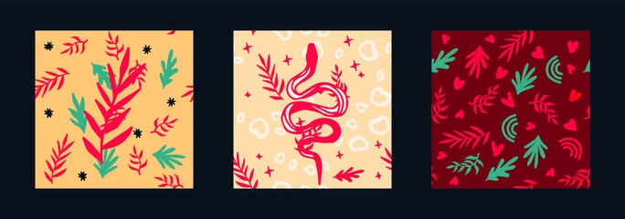 Aufkleber - A magical spiritual boho-chick pattern with hand-painted snakes and palm leaves.