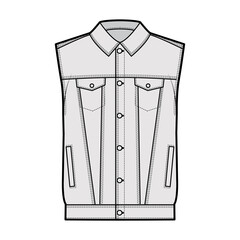 Wall Mural - Standard denim vest technical fashion illustration with oversized body, flap welt pockets, button closure, classic collar, sleeveless. Flat apparel front grey color style. Women, men unisex CAD mockup
