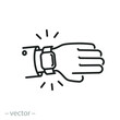 smart watch wearable on the hand wrist, icon, looking time on a wristwatch, business punctuality concept, thin line symbol on white background - editable stroke vector eps10