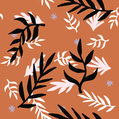 Aufkleber - Beautiful Mid- Century Boho style Pattern with Palm Branches. Repeating Vector Design in warm color palette.