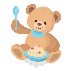 Wall Mural - teddy bear eating porridge with berries on breakfast. kid learns to eat himself. cute stuffed toy wi