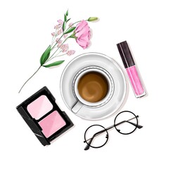 Wall Mural - Stylish flat lay set with coffee cup, cosmetics, eyeglasses and flower. 