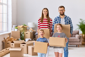 Wall Mural - Positive family standing in room in new flat