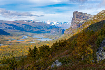wild, beautiful arctic landscape of northern sweden. skierfe mountain and rapa river valley in early