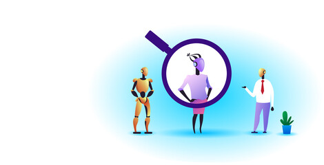 Poster - robotic characters with magnifying zoom choosing candidate for job position recruitment human resources artificial intelligence concept horizontal full length