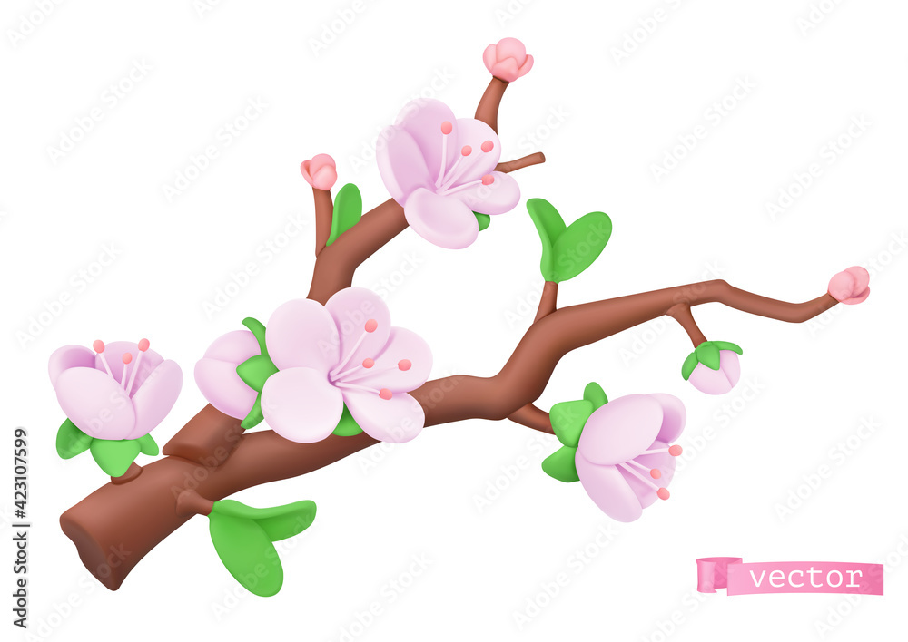 Spring flowers, plasticine art illustration. Tree branch. 3d cartoon vector icon - obrazy, fototapety, plakaty 