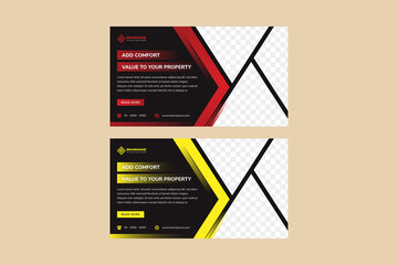 Poster - A4 size real estate flyer template design with horizontal layout use red and yellow element colors isolated in black background. Triangle shape for photo collage space. 