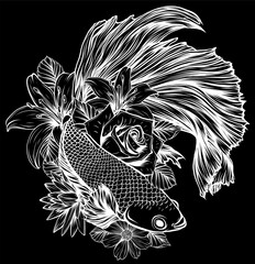 Sticker - white silhouette of fish betta splendens with flowers vector illustration