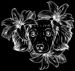 Poster - white silhouette of a Spaniel dog in a flower head wreath. Vector illustration.