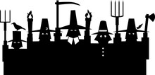 Black Silhouette Of An Angry Mob, Group Of Pilgrims With Pitchforks And Torches, EPS 8 Vector Illustration