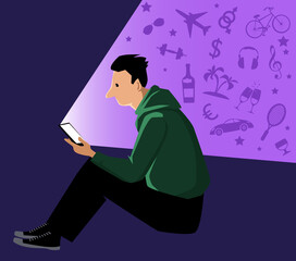 Young man affected by FOMO looking at a smartphone, symbols of exciting opportunities presented by social networking projected behind him, EPS 8 vector illustration