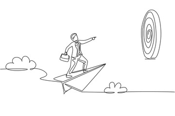 Poster - continuous one line drawing young male worker focus flying with paper air plane into target dartboar