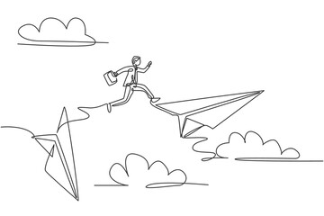 Poster - Single continuous line drawing young business man jumping from crash paper airplane to the flying plane. Professional businessman concept. Minimalism one line draw. Graphic design vector illustration