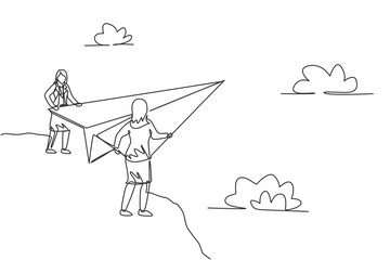 Poster - Single one line drawing of two young businesswomen release paper plane from top of the mountain. Business goal. Metaphor minimal concept. Modern continuous line draw design graphic vector illustration